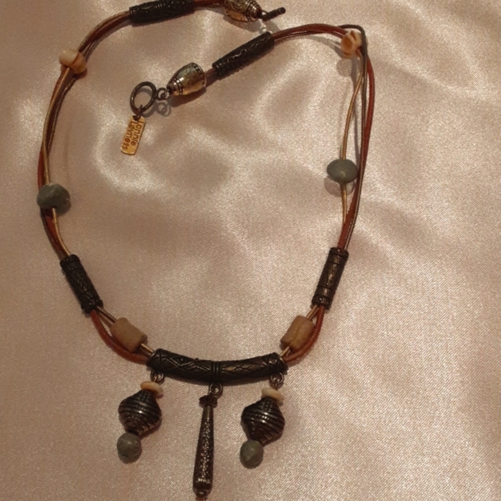 Lonnie Lovness necklace of colored cording and metal & stone beads